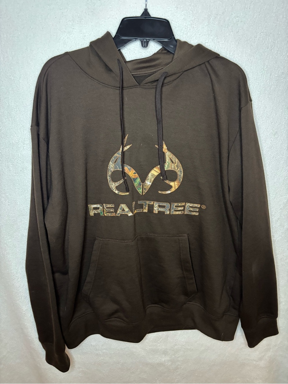 Realtree Men’s Fleece Pullover Hoodie XL Brown Graphic Print Logo Pockets
